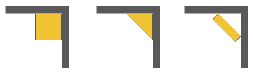 Diagram comparing square, triangular and panel bass trap placement in a room corner