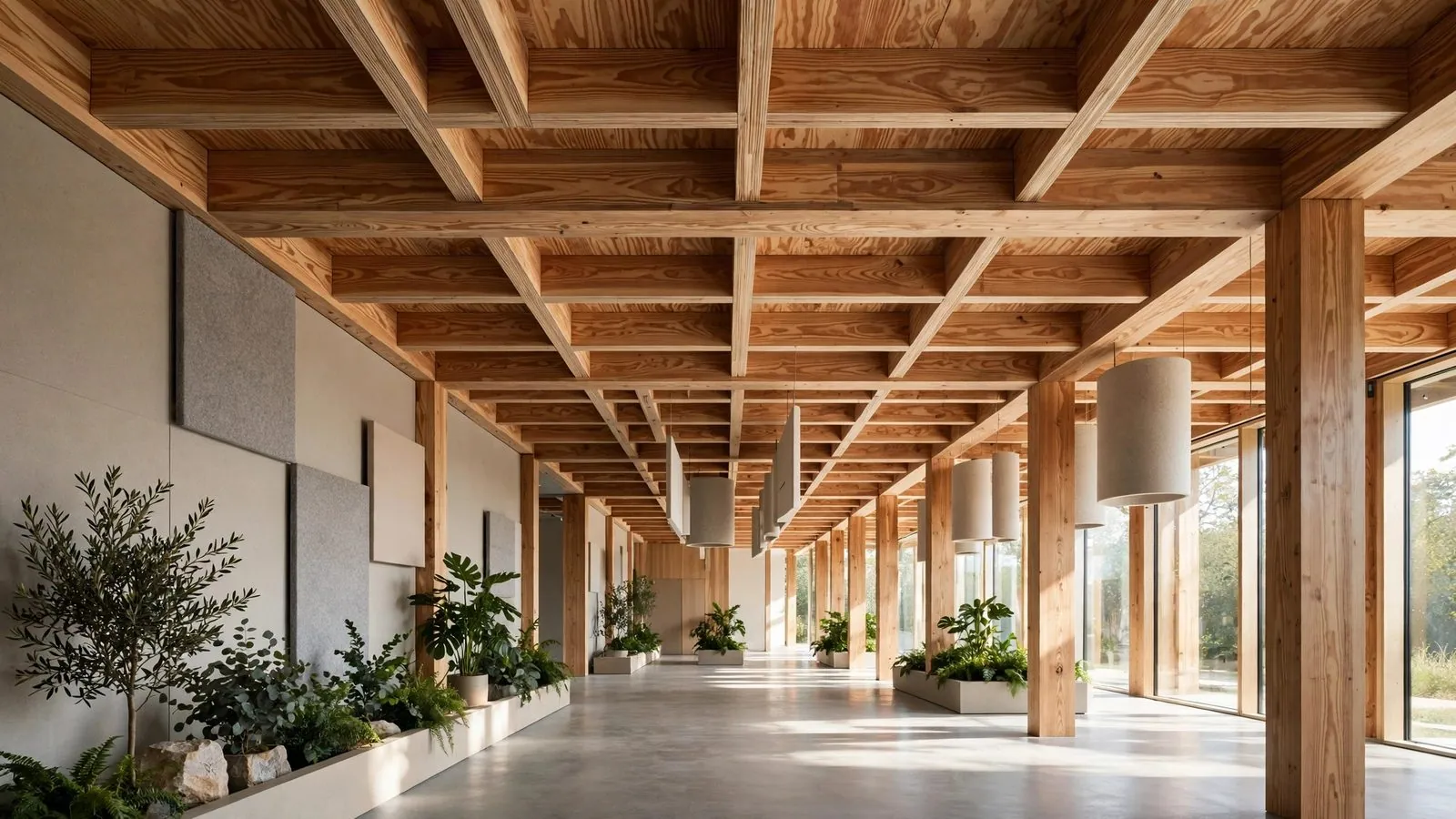 Exposed cross-laminated timber ceiling in a modern building