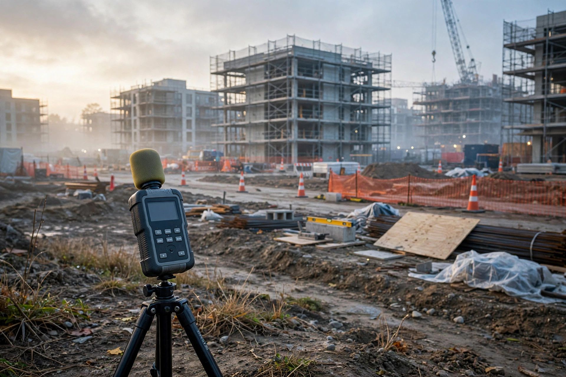 Sound level meter on a tripod at a construction development site