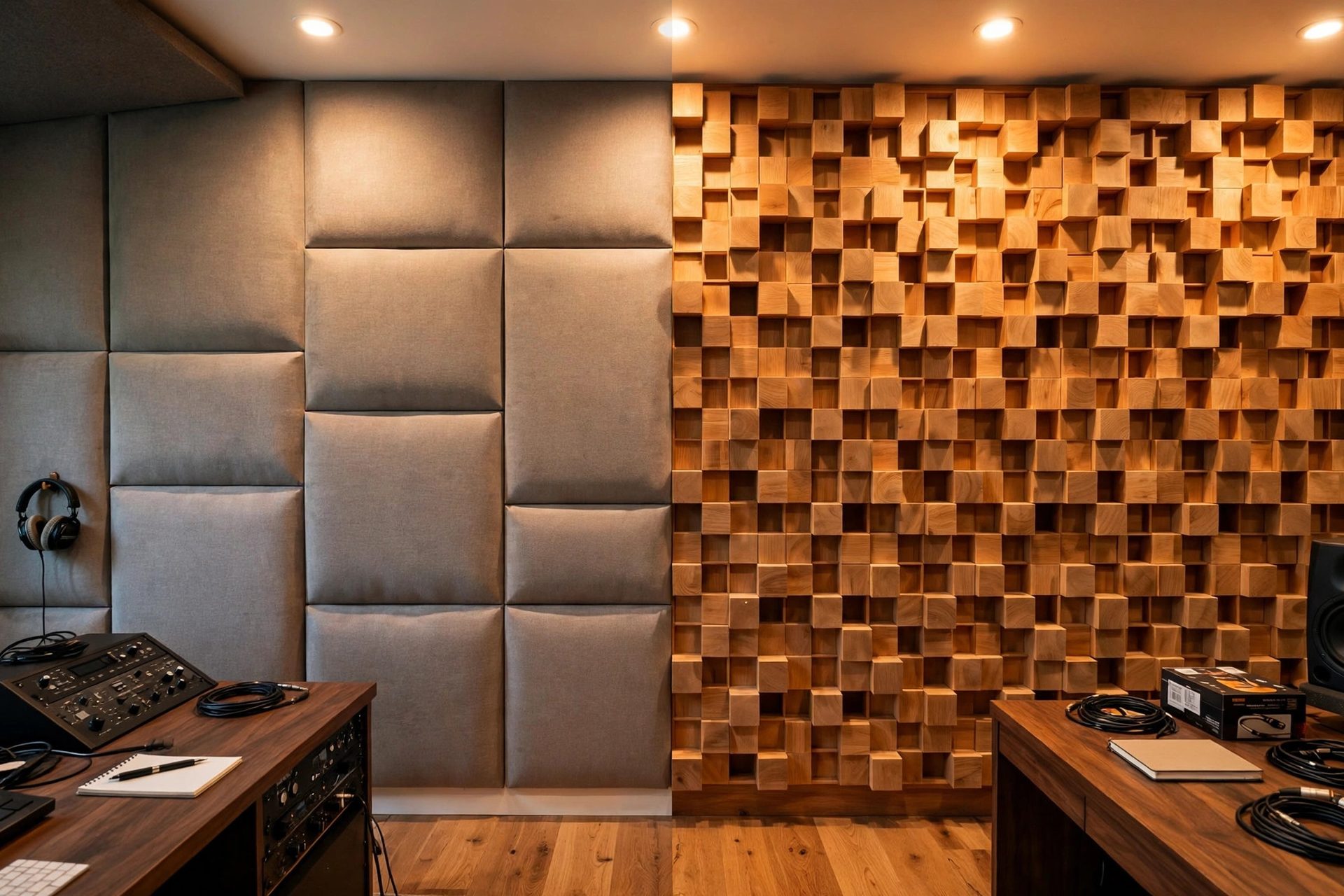 Home studio wall with fabric acoustic panels on the left and a wooden quadratic diffuser on the right