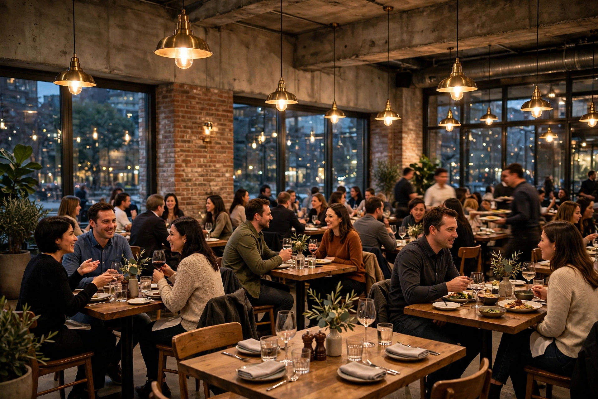 Busy restaurant dining room with hard surfaces and guests at tables