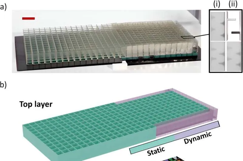 Photograph and schematic of the meta-brick metasurface with static and dynamic regions labeled